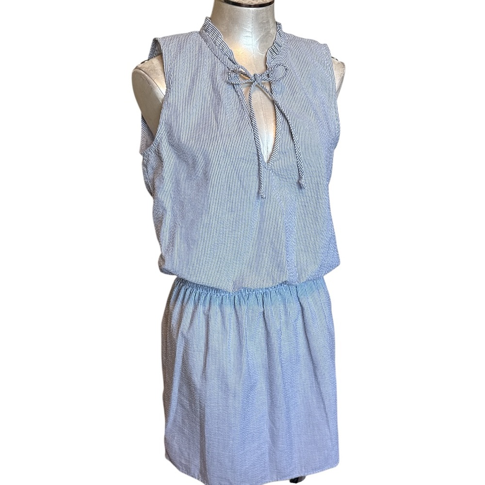 H&M LOGG Striped Blue & White Seersucker Mini Dress V-Neck Tie Front 8